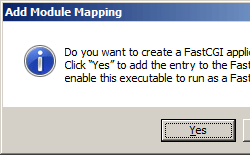 Screenshot shows the Add Module Mapping prompt to create Fast C G I application.