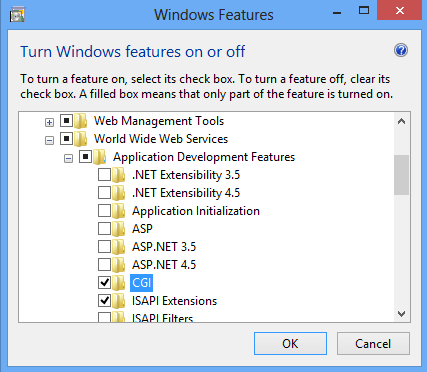 Screenshot of the windows Features dialog box. C G I is selected in the expanded menu.