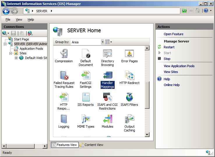 Screenshot of the I I S Manager window displaying the Server home page. The icon for Handler Mappings is highlighted.