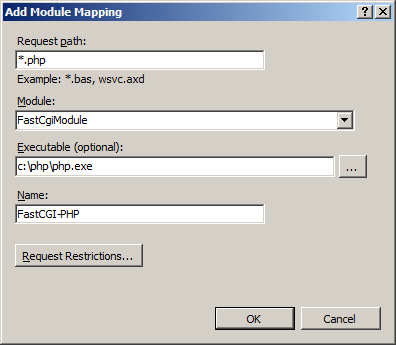Screenshot of Add Module Mapping dialog box with Fast C G I Module selected from the Module drop down list.