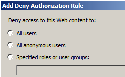 Screenshot that shows the Add Deny Authorization Rule dialog box, with Specified rules selected.
