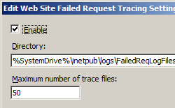Screenshot of Edit Web Site Failed Request Tracing Settings dialog box, with Enable check box selected to enable tracing.