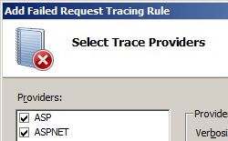 Screenshot of Select Trace Providers page of Add Failed Request Tracing Rule dialog, with Verbosity levels selected.