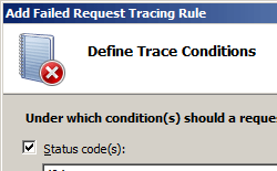 Screenshot of Define Trace Condition page with Status code box selected and populated with the code.