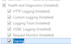 Screenshot of Web Server and Health and Diagnostics pane expanded with Tracing selected.