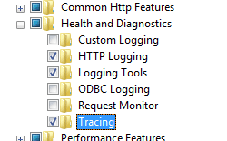 Screenshot of Internet Information Services and Health and Diagnostics pane expanded with Tracing highlighted.