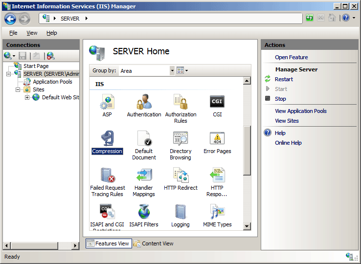 Screenshot of the Internet Information Services Manager with Compression selected in the server's Home pane.