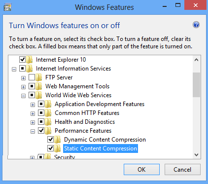 Screenshot of the Windows Features dialog with Dynamic Content Compression and Static Content Compression selected.