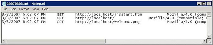 Screenshot of a log file with the time stamps of the accessed directories for the local host website.