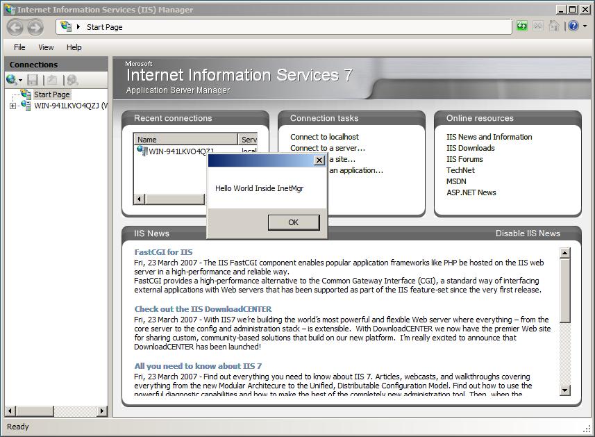 Screenshot of the I I S start page showing the example message dialog.