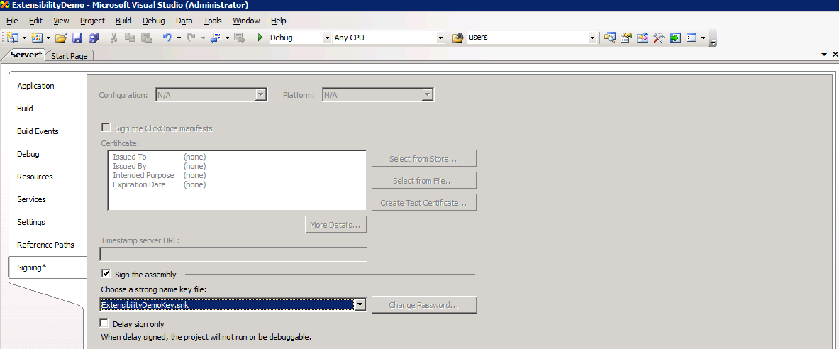Screenshot of Signing tab with the dialog box displaying the Extensibility Demo Key selected in the Client folder.