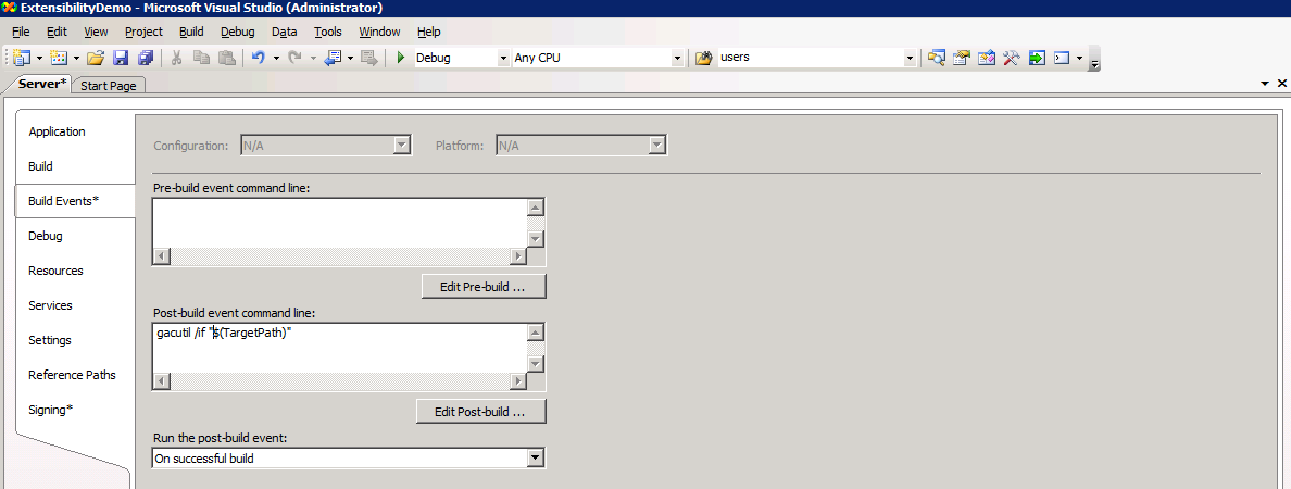 Screenshot of dialog box with Post Build event command line populated with argument.