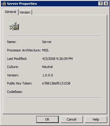 Screenshot of Server Properties dialog box displaying full name of the assembly.