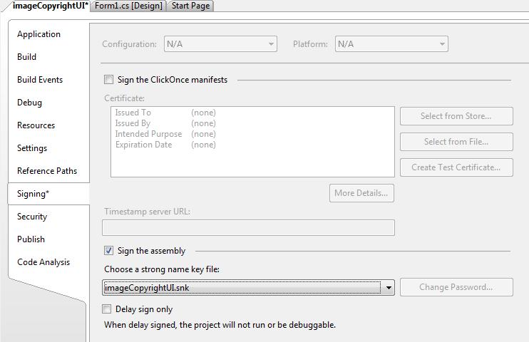 Screenshot of Signing tab with image Copyright U I dot s n k selected in the Choose a strong name key file field.