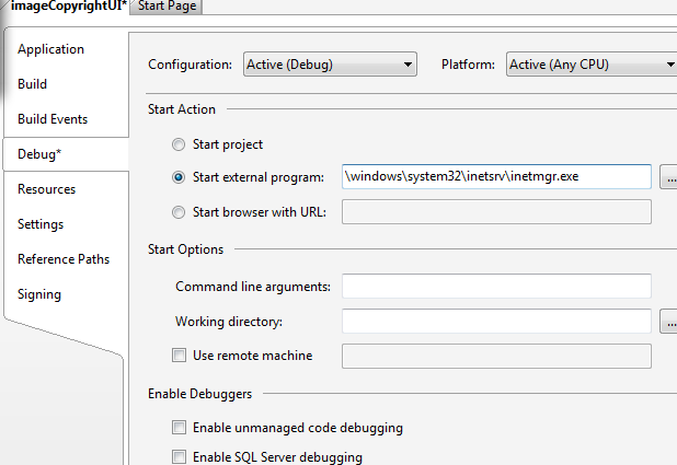 Screenshot of Debug tab set to Start external program action.
