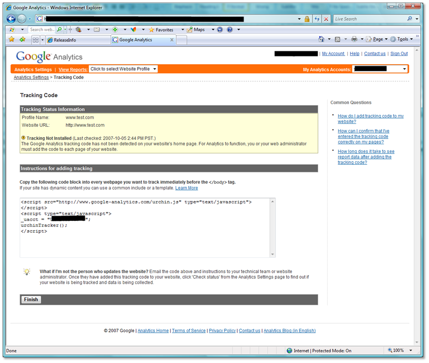 Screenshot of Google Analytics web page with the Tracking script.