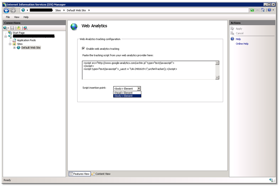 Screenshot of Web Analytics Tracking Configuration dialog box with tracking script populating the field.