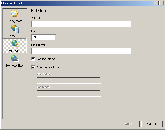 Screenshot of the Choose Location window. Default F T P Site options display in the main pane.