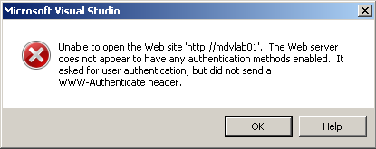 Screenshot of the Microsoft Visual Studio error dialog showing that authentication methods are not enabled.