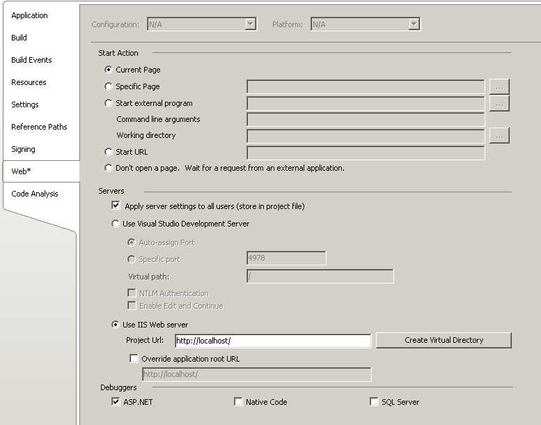 Screenshot showing the Web tab. In the Servers section, Use I I S Web Server is selected.