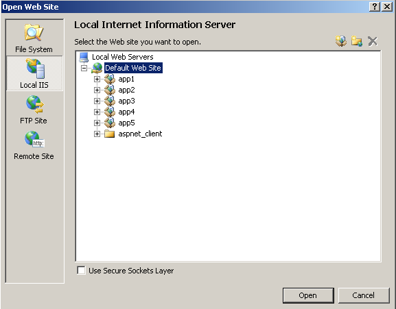 Screenshot of the Open Web Site window. Local I I S is selected and Local Web Servers displays in the main pane.