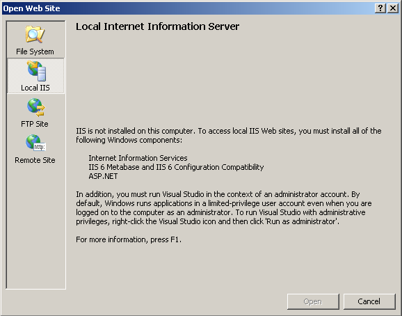 Screenshot of Local Internet Information Server dialog box displaying the message telling you to install the required components.