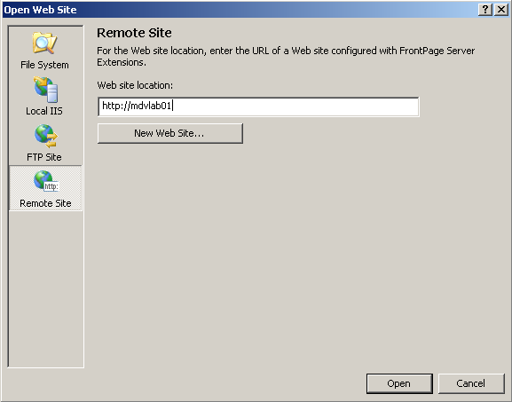 Screenshot of Remote Site dialog box displaying the field for Web site location and New Web Site button.