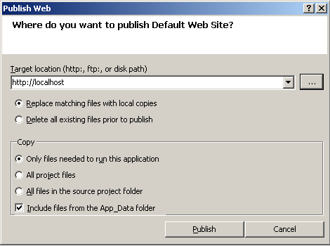 Screenshot of Publish Web dialog box with field for Target location. Option for Include files from App dash Data folder is selected.
