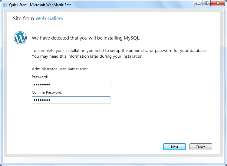 Screenshot of the page for entering the database administrator password.