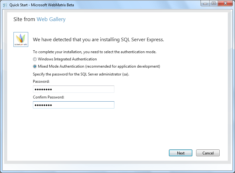 Screenshot of setting the authentication mode to Mixed Mode and specifying the administrator password.