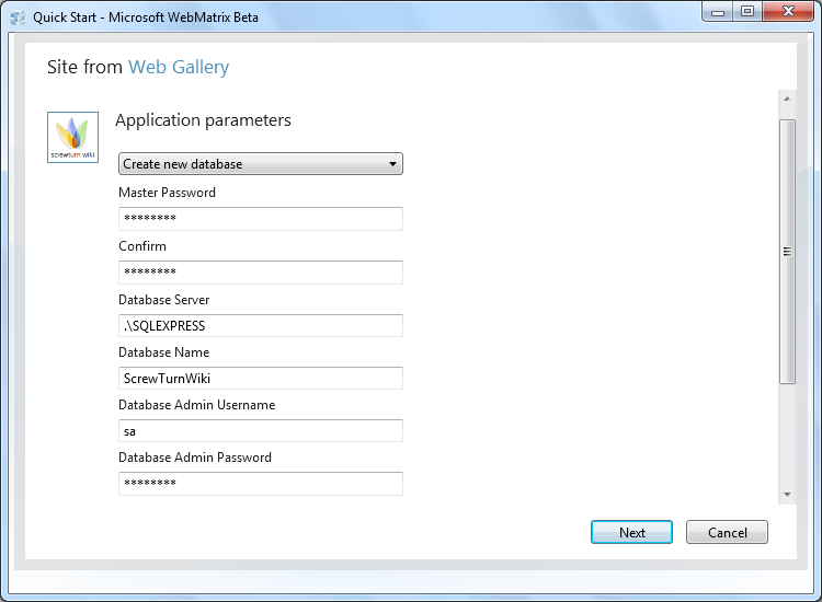 Screenshot of the top of the form before creating a new database with the specified Application parameters.