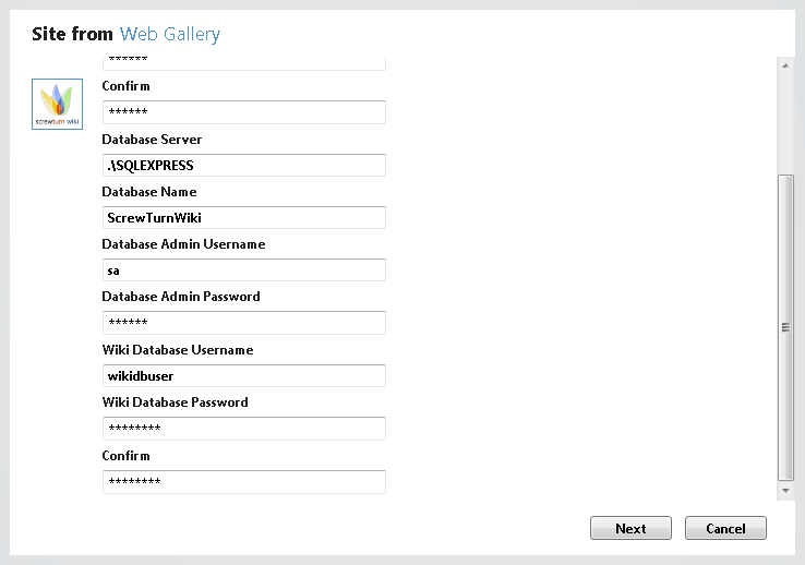 Screenshot of the bottom of the form before creating a new database with the specified Application parameters.