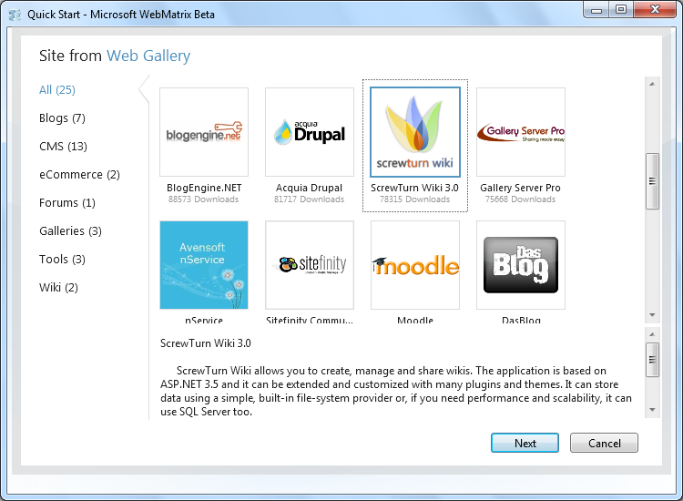 Screenshot of the Web Gallery Wizard with Screw Turn Wiki 3 dot 0 selected.