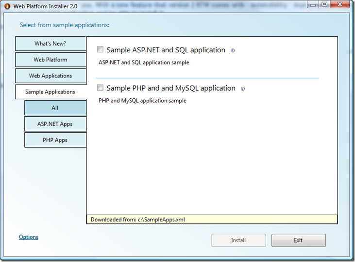 Screenshot of Web Platform Installer displaying Sample Applications tab.