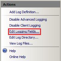 Screenshot of the Actions pane with a highlight on the Edit Logging Fields option.