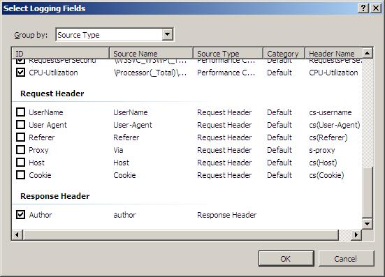 Screenshot of the Select Logging Fields dialog box, showing the Request Header and Response Header sections.