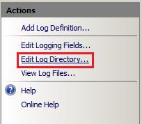Screenshot of the Actions pane, highlighting the edit log directory option.