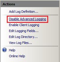 The actions section with a highlight on the Disable Advanced Logging option.