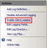 The Actions pane with a highlight on the Enable Client Logging option.