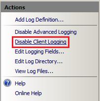 The Actions pane with a highlight on the Disable Client Logging option.