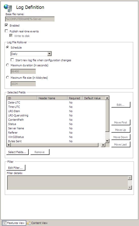 Screenshot of the Features View of the Log Definition feature page.