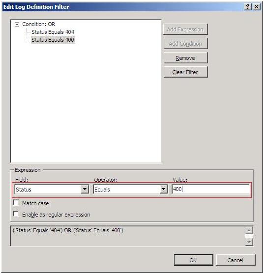 Screenshot of the Edit Log Definition Filter dialog. Status Equals 400 is highlighted in the main pane. Options are highlighted in the Expression pane.
