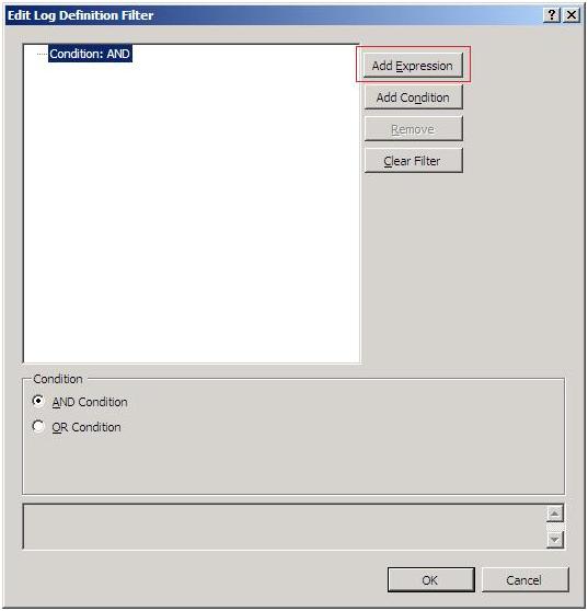 Screenshot of the Edit Log Definition Filter dialog. The Add Expression button is highlighted.