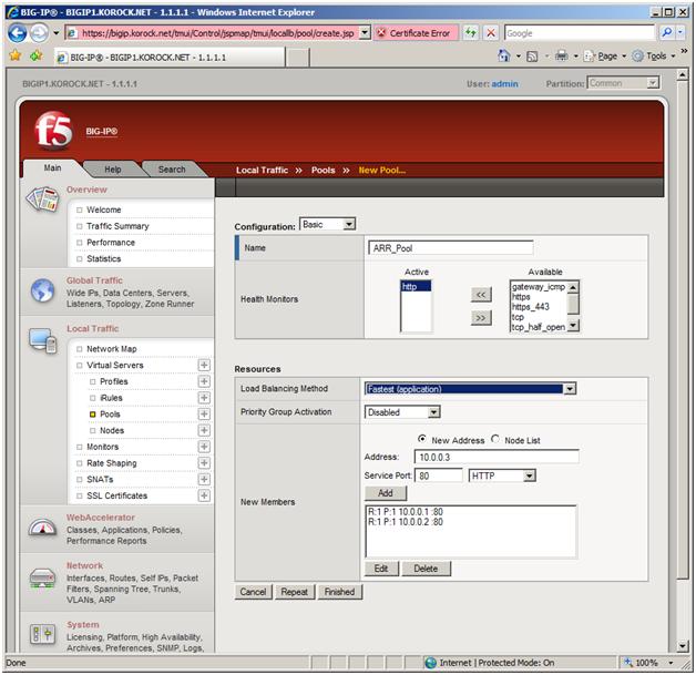 Screenshot of the F five web page. In the Local Traffic box, Pools is selected. In the Load Balancing Method box, Fastest application is selected.