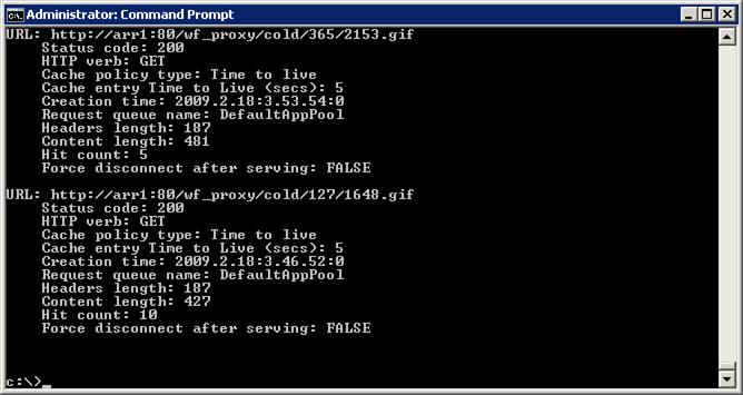Screenshot of the Administrator Command Prompt. Net s h h t t p show cache is written.
