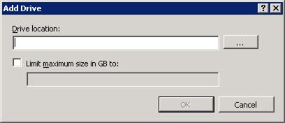 Screenshot of the Add Drive dialog box. The Drive location and Limit Maximum size in GB boxes are shown.
