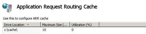 Screenshot of the Application Request Routing Cache. The Drive Location, Maximum Size and Utilization columns are shown.