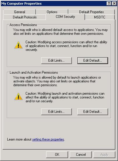 Screenshot of the My Computer Properties dialog box. The COM Security tab is displayed.
