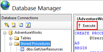 Screenshot of teh Database manager page. Stored Procedures is selected. Execute is highlighted.