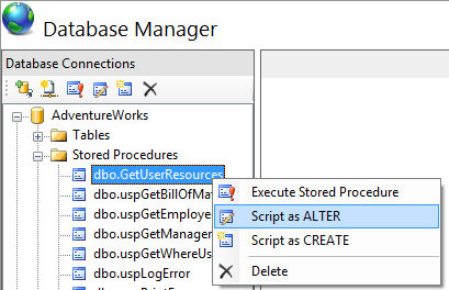 Screenshot of the Database Manager page. d b o dot Get User Resources is selected. Script as ALTER is highlighted.